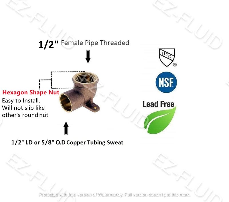 EZ-FLUID(10-pack) 1/2" Nom. Copper Sweat X 1/2" Fip Threaded Drop Ear Elbow Fitting C by F, LF Brass Shower Drop Ear 90 Degree Elbow with Sweat Socket and Female Threaded Plumbing Fittings - Image 2
